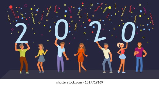 Banner template with People hold 2020 plate and dancing in flat design. Young happy men and women team move to the music and preparing to meet the new year. Flat Art Vector illustration