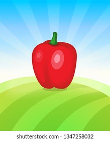Banner template with Pepper - Vegetables trade poster. Ads Placard with copy space on top and bottom area. Symbol of ripe vegetable under blue sky. Colorful vector illustration.