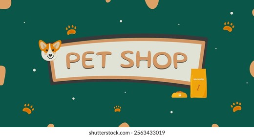 Banner template for pet store. Bright background for pet products, with a cute corgi dog face, a pack of food and a bowl of dog food. EPS 10 vector suitable for advertising and promotion.