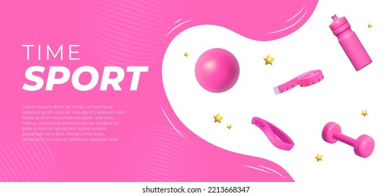 Banner template with pink Sports 3d elements, a bottle of water, a kettlebell, an elastic band for sports.