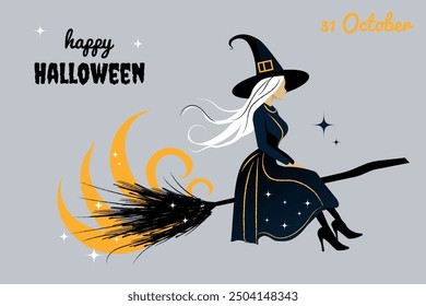 Banner template with place for text for Halloween holiday. Witch flying on a broomstick. Beautiful, slender girl witch