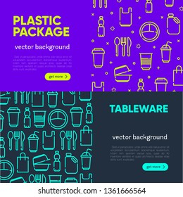 Banner template of Plastic packaging icons outline set, icons of bottle, bag, plate,container, cup. Outline icons with editable stroke. Vector illustration, eps 10.