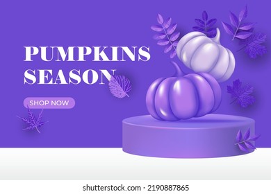 Banner-Vorlage mit Podium, und realistische 3D Kürbis. 3D-Vektorgrafik