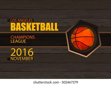 Banner template, polygon basketball on the wooden background. Vector illustration of sports. EPS file is layered.