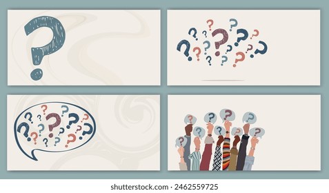 Banner - template or poster with Raised hands of people holding a speech bubble with a hand-drawn question mark symbol. Concept of choice - problem - question -doubt - or query. FAQ