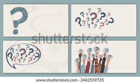 Banner - template or poster with Raised hands of people holding a speech bubble with a hand-drawn question mark symbol. Concept of choice - problem - question -doubt - or query. FAQ