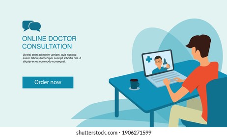 Banner template for posts, story or page for the website. On the screen, the doctor offers a medicine. Template for advertising online medical services. Online doctor.