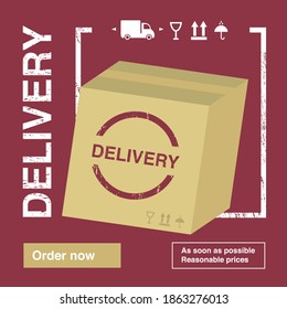 Banner template for posts, story or website page. Courier service layout design. Box with the inscription Delivery.