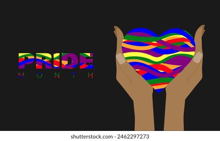 Banner template for Pride Month. Heart silhouette with multicolored lines of LGBT flag colors. Heart in hands. Dark background and multi-colored text Pride Month