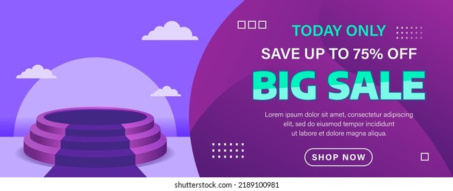 banner template for product advertisement display with purple gradient background and 3D podium and clouds ornament.