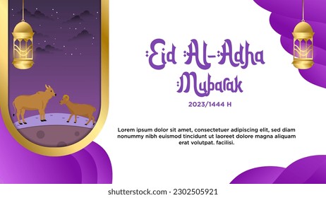 Banner template purple simple elegant theme of Happy Eid al-Adha with animal illustration