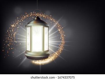 Banner template for Ramadan with glowing lighting antic lantern, realistic vector illustration on dark background. Islamic holiday poster or greeting card layout.