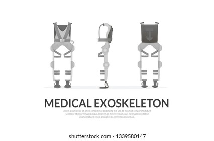 Banner template. Realistic medical exoskeleton. Exosuit. Front, back side view Vector illustration