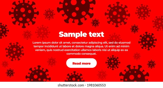 Banner template red clean background with text, button and illustration large group of viruses around center. Global virus pandemic increase and decrease in incidence