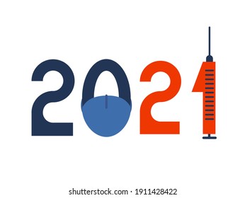 Banner template with red syringe, mask and numbers. COVID-19 vaccination against the corona virus and the risk of a new pandemic to health in 2021. Vector illustration