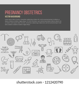 Banner template with research symbols including ultrasound, In vitro fertilization, gynecological chair, pregnancy test, pregnant  woman. Line style vector illustration with place for your text.