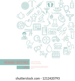 Banner template with research symbols including ultrasound, In vitro fertilization, gynecological chair, pregnancy test, pregnant  woman. Line style vector illustration with place for your text.