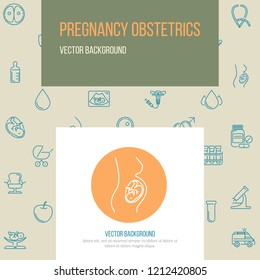 Banner template with research symbols including ultrasound, In vitro fertilization, gynecological chair, pregnancy test, pregnant  woman. Line style vector illustration with place for your text.