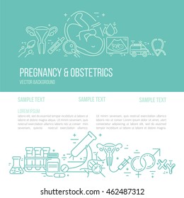 Banner template with research symbols including ultrasound, In vitro fertilization, gynecological chair, pregnancy test, pregnant  woman. Line style vector illustration with place for your text.