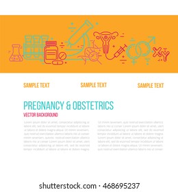 Banner template with research symbols including In vitro fertilization, and others obstetrics symbols. Line style vector illustration with place for your text.