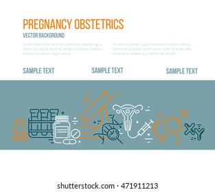 Banner template with research symbols including ultrasound, In vitro fertilization, gynecological chair, pregnancy test, pregnant  woman. Line style vector illustration with place for your text.
