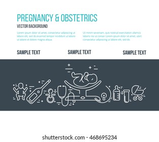 Banner template with research symbols. Line style vector illustration with place for your text.
