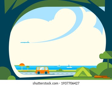 Banner template with road near the sea. Travel concept art in flat design.