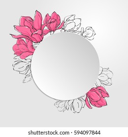 Banner template with round paper and delicate sketch magnolia flowers. 