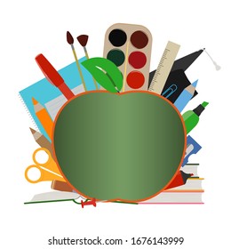 Banner template, sale advertisement, graduation day. Postcard with school supplies and school board in form of apple. Place for text. Back to school. Flat cartoon icons. Colorful vector illustration