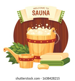 Banner template for sauna, sudatory, banya, SPA center, bathhouse with wooden bucket full of foam, scoop, bath broom, soap, towels. Cartoon colorful vector illustration for promotion, advertisement.