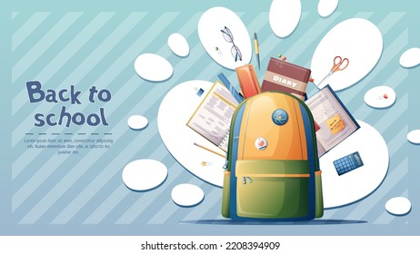 Banner template with a school backpack and scattered textbooks, stationery, etc. on a blue background. Back to school, knowledge day, study. Vector illustration. Poster, banner, background