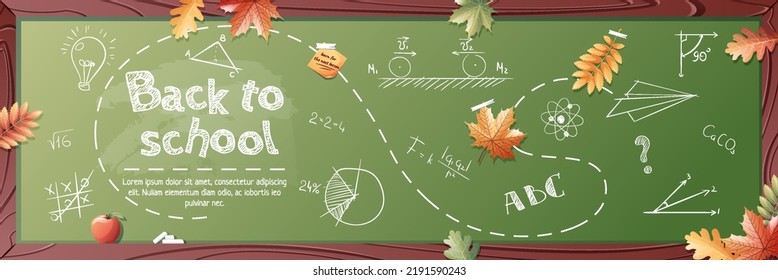 Banner template with school board, autumn leaves and chalk lettering. Back to school, knowledge day. Banner, poster, brochure, background, etc.