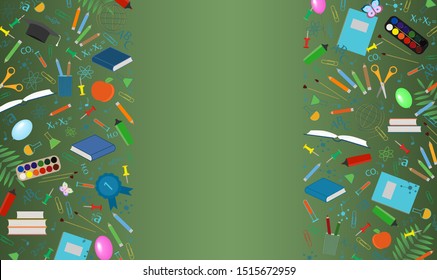 Banner template with school objects. Card, poster for the Day of Knowledge, September 1, sale, teachers day. Flat cartoon icons. Illustration of a green school board with study symbols.