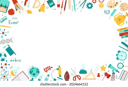 Banner template with school supplies frame. Concept for back to school, stationery sale. Pen, globe, backpack, ruler, book, brush, pencil icons in flat style. Vector illustration isolated on white 