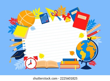 Banner template with school supplies frame. Concept for back to school, stationery sale. Pensils,books, textbooks, globe, ruler, book, brush, pencil icons in flat style. Vector illustration isolated