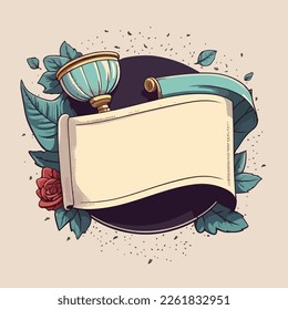 Plantilla de pancarta con desplazamiento, hojas, flor de rosa y goblet. Cartel decorativo vintage, marco, carta. 