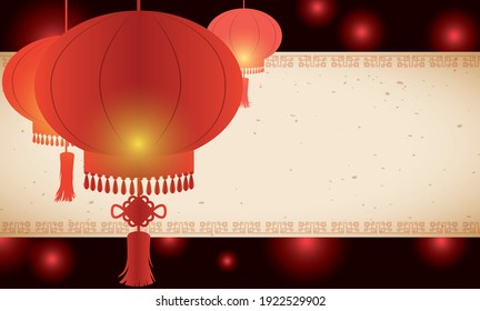 Pancarta y plantilla con desplazamiento y tres farolillos chinos sobre un fondo oscuro con tonos rojos.