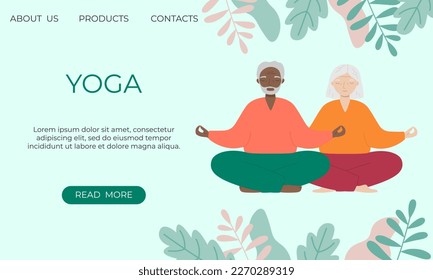 Banner template with senior man and woman doing yoga or breathing exercises. Vector illustration