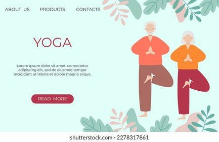 Banner template with senior man and woman doing yoga. Old man and woman practicing meditation, exercising, keeping active healthy lifestyle. Vector illustration