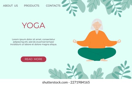 Banner template with senior woman doing yoga or breathing exercises. Vector illustration