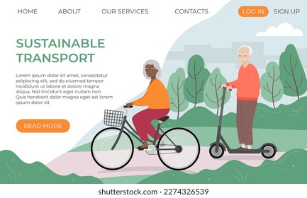 Banner template with senior woman riding bicycle and man riding scooter in the city park. Urban eco transport. Vector illustration