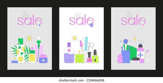 Banner template set with with beauty products. Makeup, manicure and skin care concept. Online shopping. Korean cosmetics. Season sale. Vector illustration. Can be used in web and typographic design.