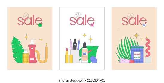 Banner template set with with beauty products. Makeup and skin care concept. Online shopping. Korean cosmetics. Season sale. Vector illustration. Can be used in flyer, poster, web, typographic design