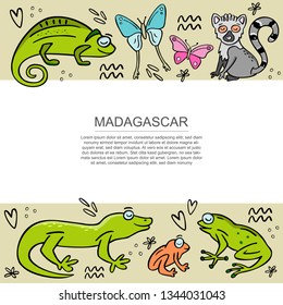 Banner template with set of cute handdrawn Madagascar animals. Frog, chameleon, butterfly, gekko, lemur. Hand drawn vector illustration with design elements and space for your text