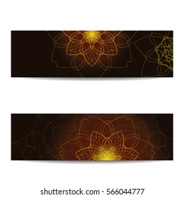 Banner template set with shiny floral mandalas. Sacred geometry. Ethnic ornament. Indian traditional decorative elements. Design for yoga studio flyer, card, invitation. Vector EPS10 illustration.