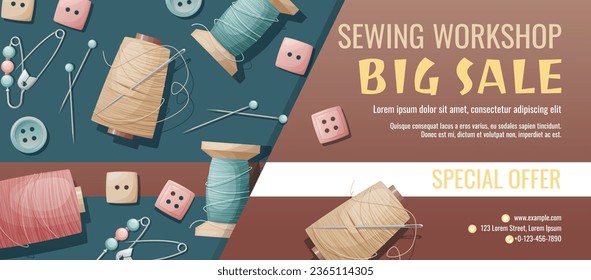 Banner template for sewing workshop. Discount coupon with sewing items. Pattern, template, buttons, thread. Poster for sewing courses, schools, shops, ateliers. Discounts on products and services