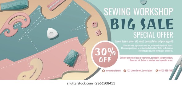 Banner template for sewing workshop. Discount coupon with sewing items. Pattern, template, buttons, thread. Poster for sewing courses, schools, shops, ateliers. Discounts on products and services