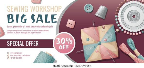 Banner template for sewing workshop. Discount coupon with sewing items. Pincushion, pins, needles, thimble, thread. Poster for tailoring courses, schools, shops, ateliers. Banner for sale of goods