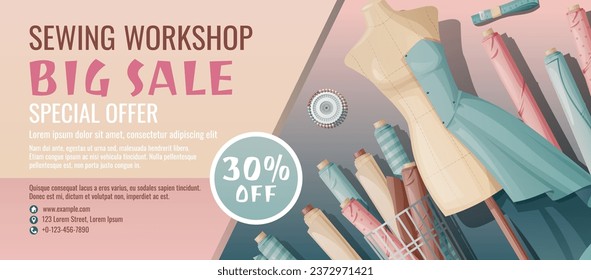 Banner template for sewing workshop. Discount coupon with sewing items. Mannequin and fabric. Poster for sewing courses, schools, shops, ateliers. Discounts on products