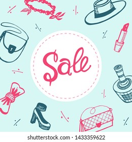 Banner template for shop of woman accessories. Seasonal sale and discounts. Jewelry, cosmetics, perfume, wear, bags and other woman stuff. Fashion theme.